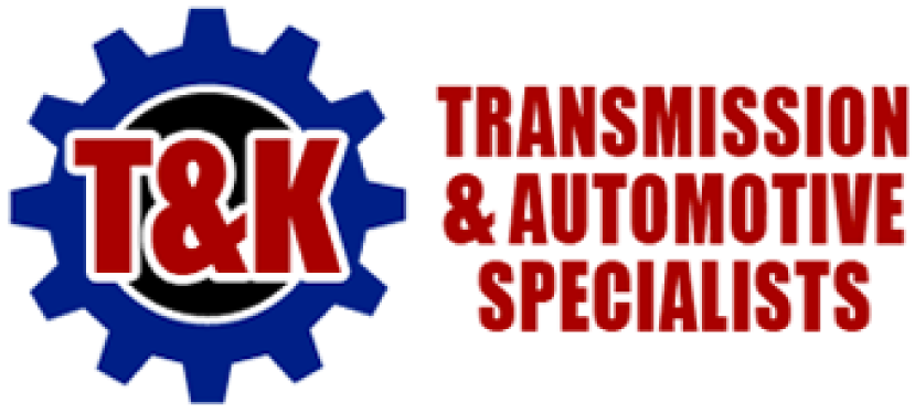 Logo of T&K Transmission & Automotive Specialists featuring a blue gear with T&K in bold red letters at the center, and the company name in red text on the right.