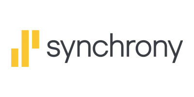 Logo of Synchrony. It features the word synchrony in a modern, lowercase font, with three vertical yellow bars of varying heights to the left.